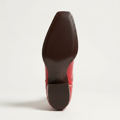 Yehaw BEATRICE red knee-high vegan leather cowgirl boots with white western embroidery and a pointed toe.