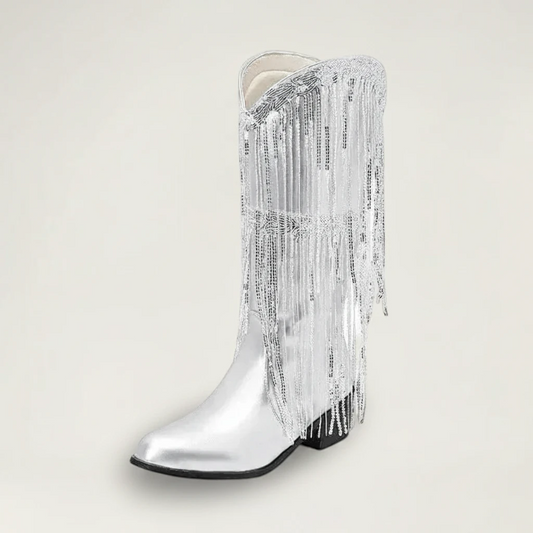 Yehaw TAMMIE silver vegan leather mid-calf cowgirl boots with pointed toe and decorative metallic fringe detailing