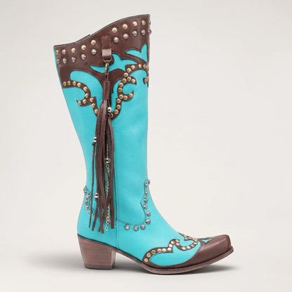 Yehaw ADELE knee-high turquoise vegan leather cowgirl boots with brown trim, silver studs, and decorative fringe