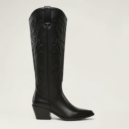 Yehaw black vegan leather knee-high cowgirl boots with pointed toe and medium heel. Zip fastening.