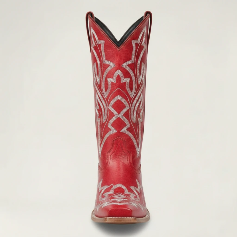 Yehaw red vegan leather mid-calf cowgirl boots with intricate white western embroidery and a medium block heel.