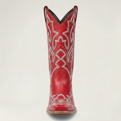 Yehaw red vegan leather mid-calf cowgirl boots with intricate white western embroidery and a medium block heel.