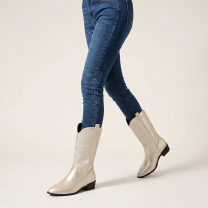Yehaw gold vegan leather mid-calf cowgirl boots with pointed toe and white western embroidery stitching