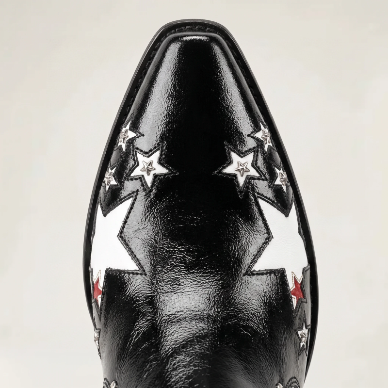 Yehaw AMANDA mid-calf vegan leather cowgirl boots in black and white with metallic lightning and star embroidery.