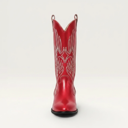 Yehaw red vegan leather mid-calf cowgirl boots with pointed toe and decorative stitching.
