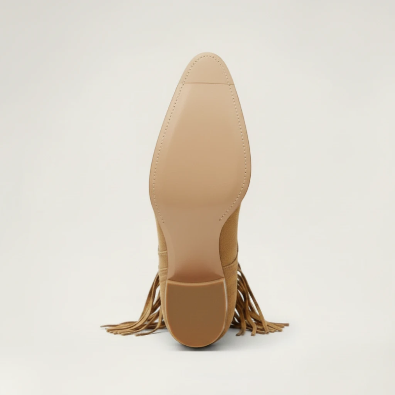 Yehaw BELLA brown vegan leather mid-calf cowgirl boots with pointed toe, fringe detailing, and studded accents