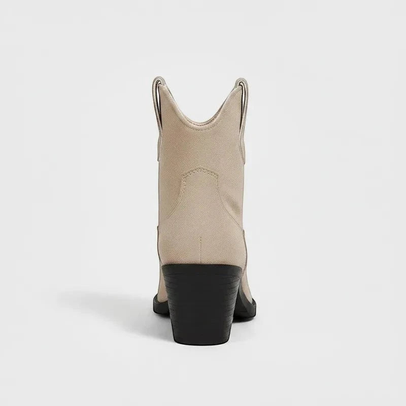 Yehaw ADA beige vegan suede ankle cowboy boots for women with a round toe and high block heel