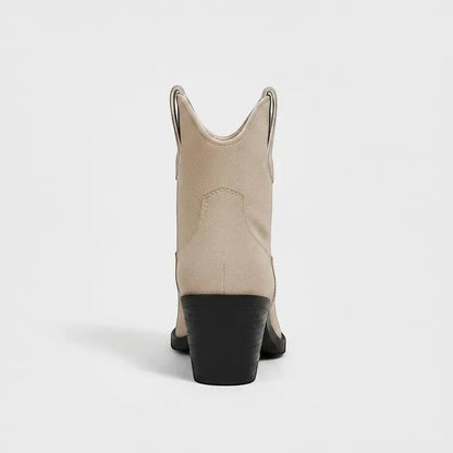 Yehaw ADA beige vegan suede ankle cowboy boots for women with a round toe and high block heel