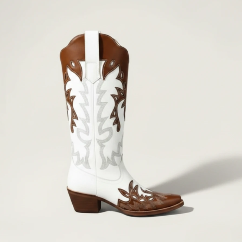 Yehaw brown and white vegan leather mid-calf cowgirl boots with pointed toe and decorative stitching.