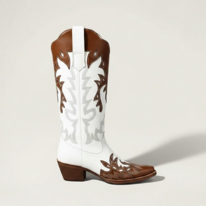 Yehaw brown and white vegan leather mid-calf cowgirl boots with pointed toe and decorative stitching.