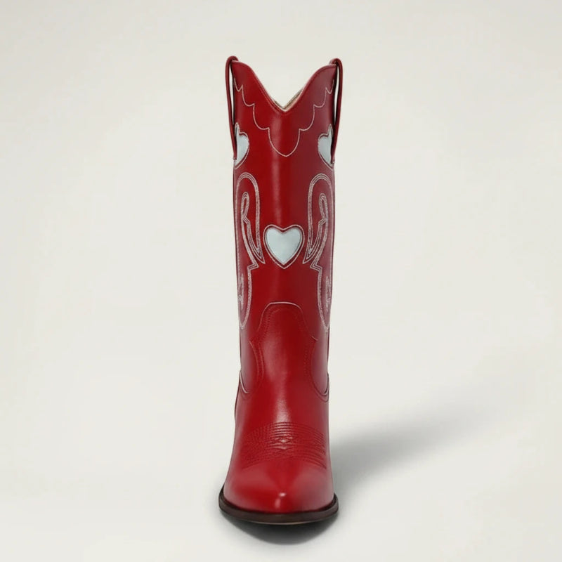 Yehaw red vegan leather mid-calf cowgirl boots with white heart embroidery, pointed toe, and stacked block heel.