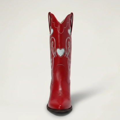 Yehaw red vegan leather mid-calf cowgirl boots with white heart embroidery, pointed toe, and stacked block heel.