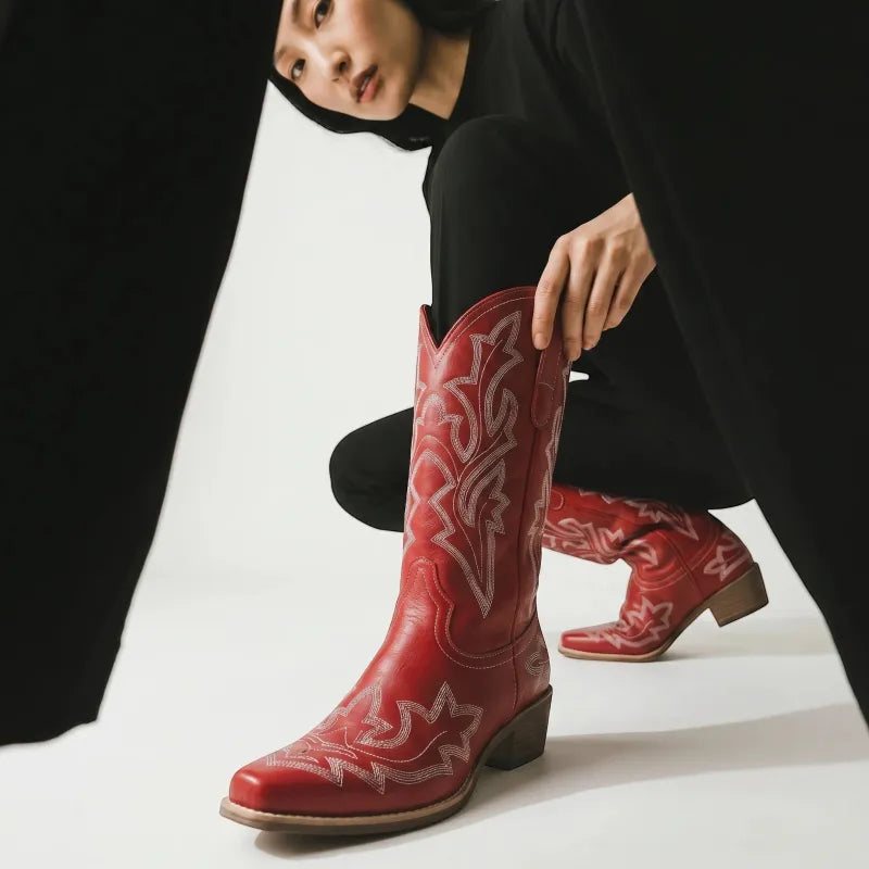 Yehaw red vegan leather mid-calf cowboy boots with white stitching and a round toe.