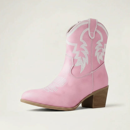 Yehaw pink vegan leather ankle cowgirl boots with white western stitching and a pointed toe