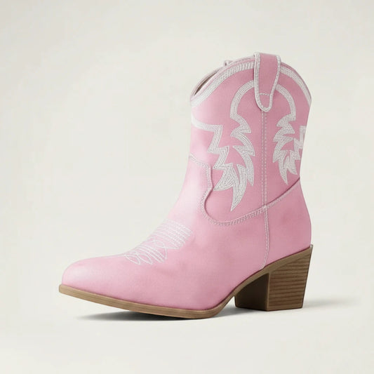 Yehaw pink vegan leather ankle cowgirl boots with white western stitching and a pointed toe