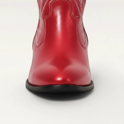 Yehaw red vegan leather mid-calf cowgirl boots with pointed toe and decorative stitching.