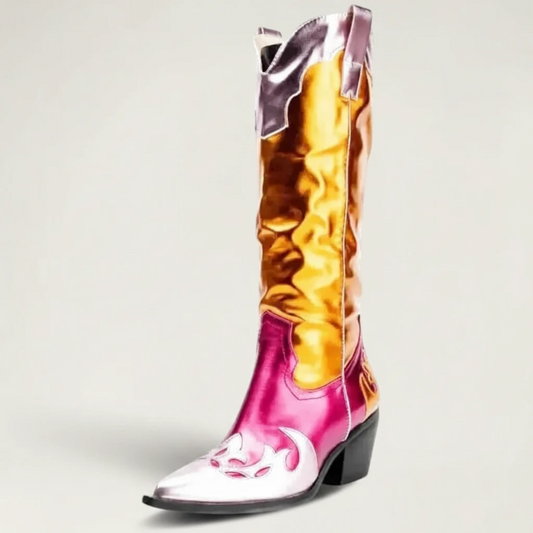 Yehaw DIANA mid-calf cowgirl boots in metallic gold and pink vegan microfibre with a pointed toe and western stitching.