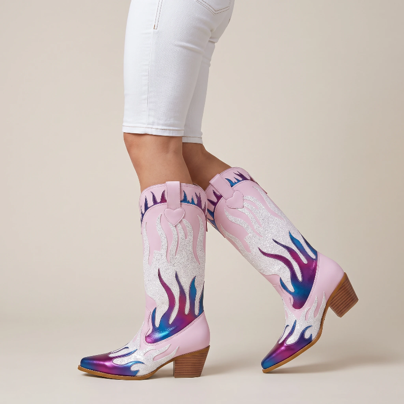 Yehaw GOLDIE pink vegan leather mid-calf cowgirl boots with glittery flame details and a heart accent.
