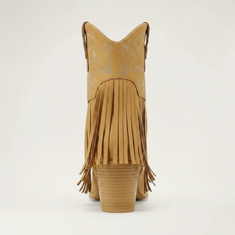 Yehaw DALIA brown vegan leather ankle cowgirl boots with fringe detailing and pointed toe