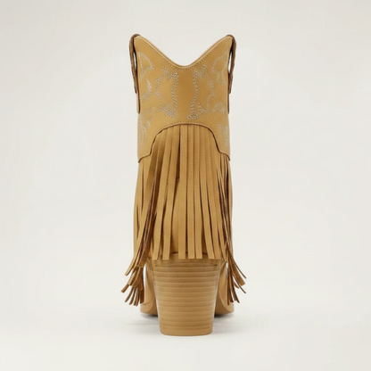 Yehaw DALIA brown vegan leather ankle cowgirl boots with fringe detailing and pointed toe