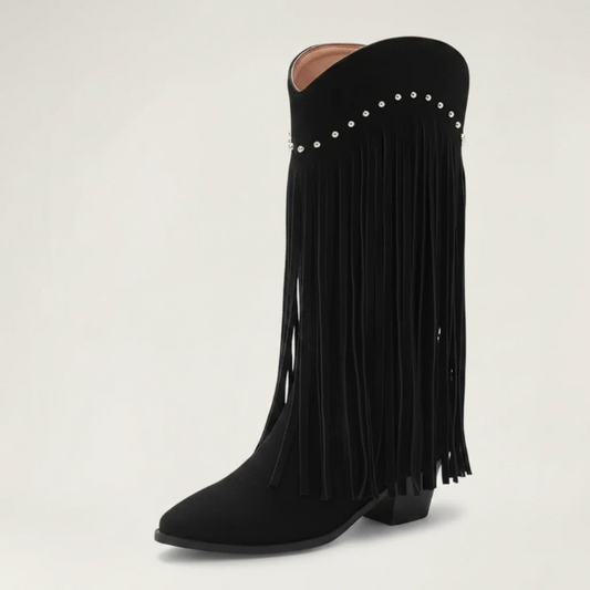 Yehaw BELLA black vegan leather mid-calf cowgirl boots with pointed toe, fringe detail, and silver stud accents.