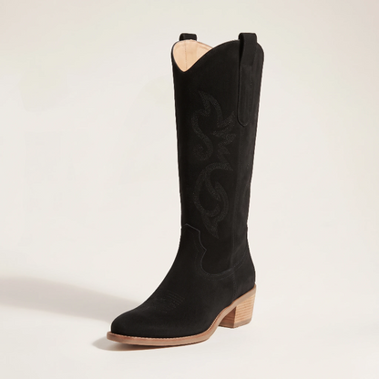 Yehaw Antonia black vegan suede mid-calf cowgirl boots with round toe and medium heel