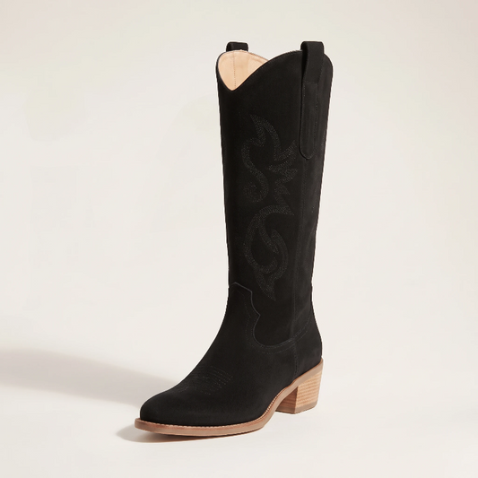 Yehaw Antonia black vegan suede mid-calf cowgirl boots with round toe and medium heel
