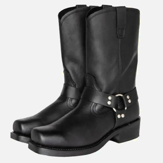 Bottines GHOST Santiag pour homme Yehaw en cuir noir, avec semelle fine et design élégant, vue de face sur fond blanc.