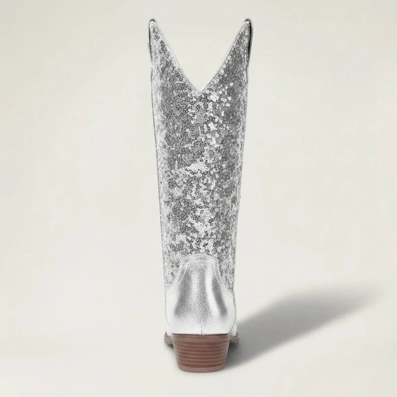 Yehaw GRACE mid-calf cowgirl boots in metallic silver vegan microfibre with a low heel and round toe, back view.