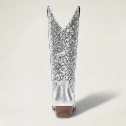 Yehaw GRACE mid-calf cowgirl boots in metallic silver vegan microfibre with a low heel and round toe, back view.