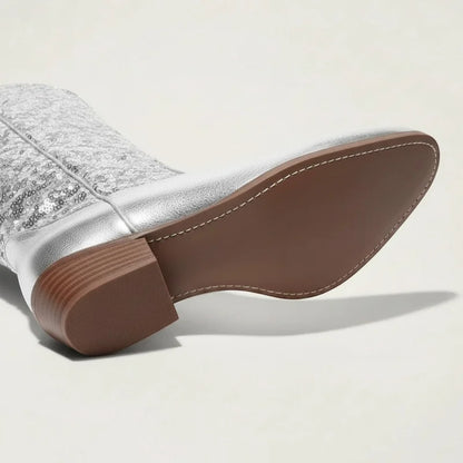 Yehaw silver vegan microfibre cowgirl boots with a low heel and rubber sole, shown from a bottom angle.
