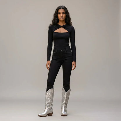 Model wearing Yehaw silver vegan microfibre mid-calf cowgirl boots with a round toe and low heel