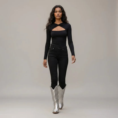 Model wearing Yehaw silver vegan microfibre mid-calf cowgirl boots with a round toe and low heel