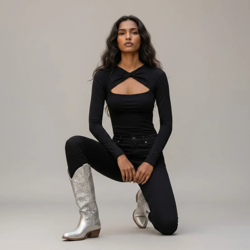 Model wearing Yehaw silver vegan microfibre mid-calf cowgirl boots with a round toe and low heel