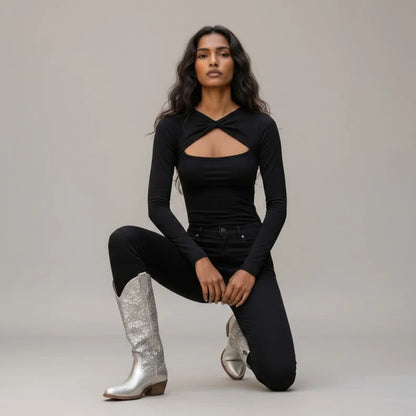 Model wearing Yehaw silver vegan microfibre mid-calf cowgirl boots with a round toe and low heel