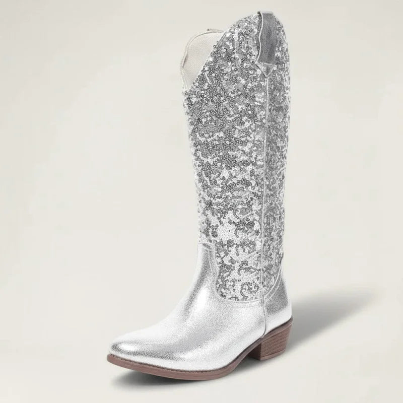 Yehaw GRACE mid-calf cowgirl boots in metallic silver vegan microfibre with a glittery shaft and round toe.