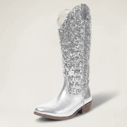 Yehaw GRACE mid-calf cowgirl boots in metallic silver vegan microfibre with a glittery shaft and round toe.