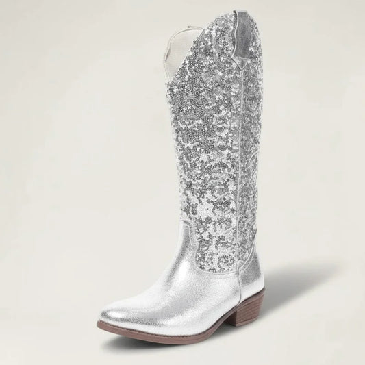 Yehaw GRACE mid-calf cowgirl boots in metallic silver vegan microfibre with a glittery shaft and round toe.