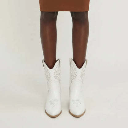 Yehaw white vegan leather ankle-height cowgirl boots with pointed toe and high heel.