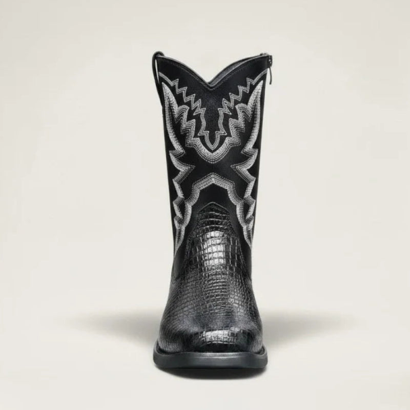 Yehaw HECTOR men's black vegan leather cowboy boots with croc-embossed texture, white stitching, and side zip closure.