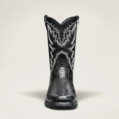 Yehaw HECTOR men's black vegan leather cowboy boots with croc-embossed texture, white stitching, and side zip closure.