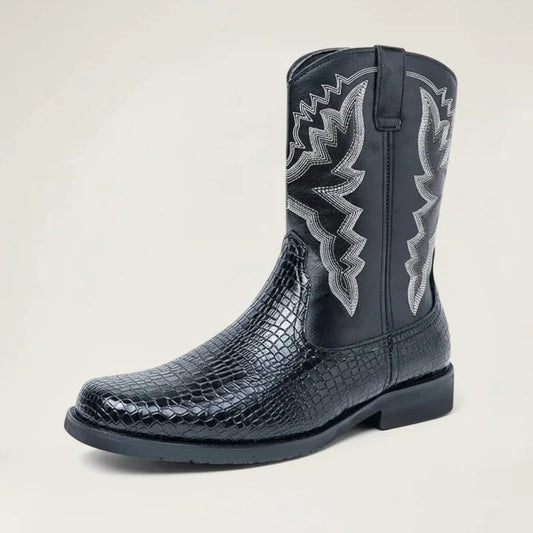 Yehaw HECTOR black vegan leather cowboy boots with crocodile texture, round toe, and white western embroidery.