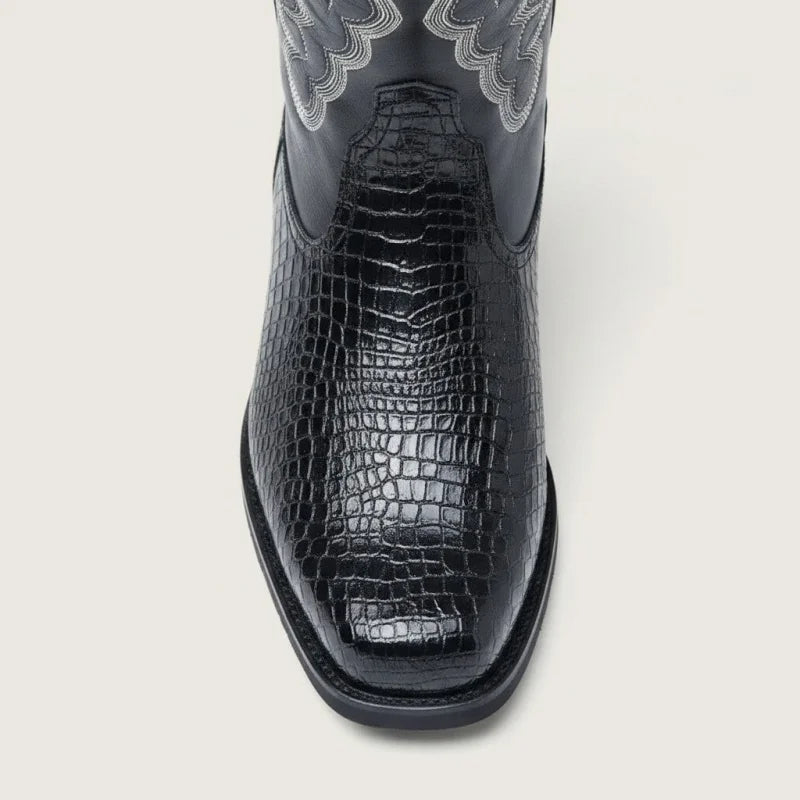 Yehaw HECTOR black vegan leather cowboy boots with crocodile texture and decorative stitching on a round toe