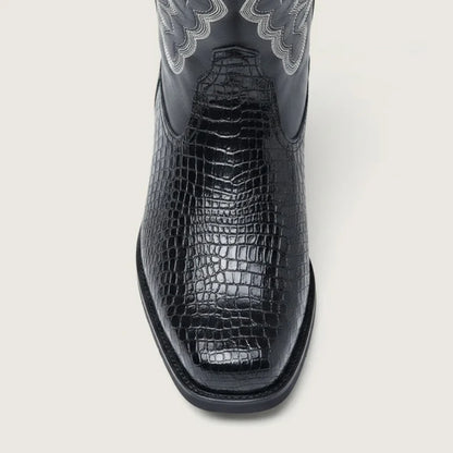 Yehaw HECTOR black vegan leather cowboy boots with crocodile texture and decorative stitching on a round toe