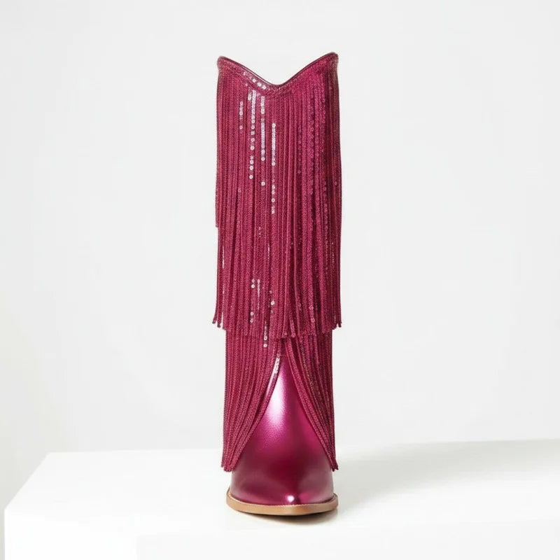 Yehaw HELEN pink vegan leather cowgirl boots with fringe and sequin details, featuring a pointed toe and mid-calf fit.