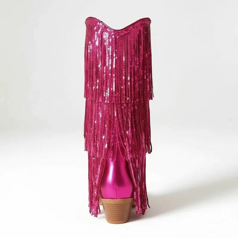 Yehaw HELEN pink vegan leather cowgirl boots featuring tiered sequin fringe and a mid-calf pointed toe design.