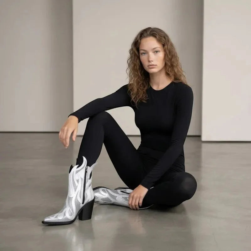 Yehaw silver vegan microfibre ankle-height cowgirl boots with square toe and zip fastening.