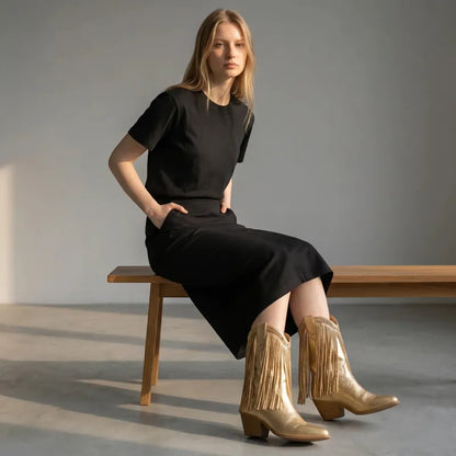 Yehaw gold vegan microfibre ankle-height cowgirl boots with fringe detail and pointed toe.