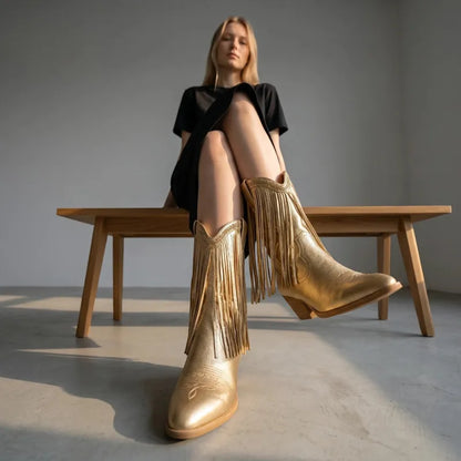 Yehaw gold vegan microfibre ankle-height cowgirl boots with pointed toe and fringe detail.
