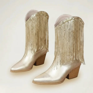 Yehaw gold vegan microfibre ankle-height cowgirl boots with pointed toe and fringe detail.